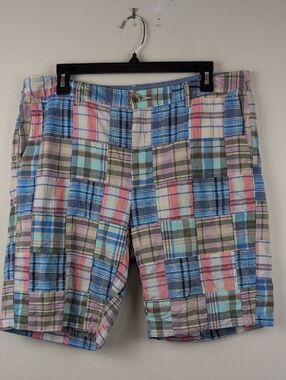 L. L. Bean Favorite Fit Madras Plaid Patchwork Cotton Shorts Size 14 Preppy